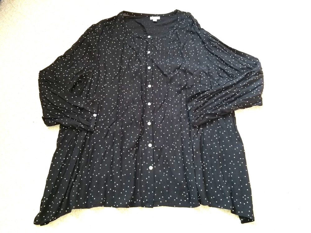 Womens Top-J. JILL-black/white polka dot silky tunic pintucked button-up ls-4X